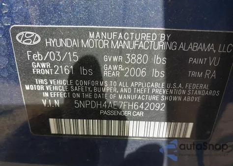 2015 Hyundai Elantra Se from USA, damaged, VIN 5NPDH4AE7FH642092